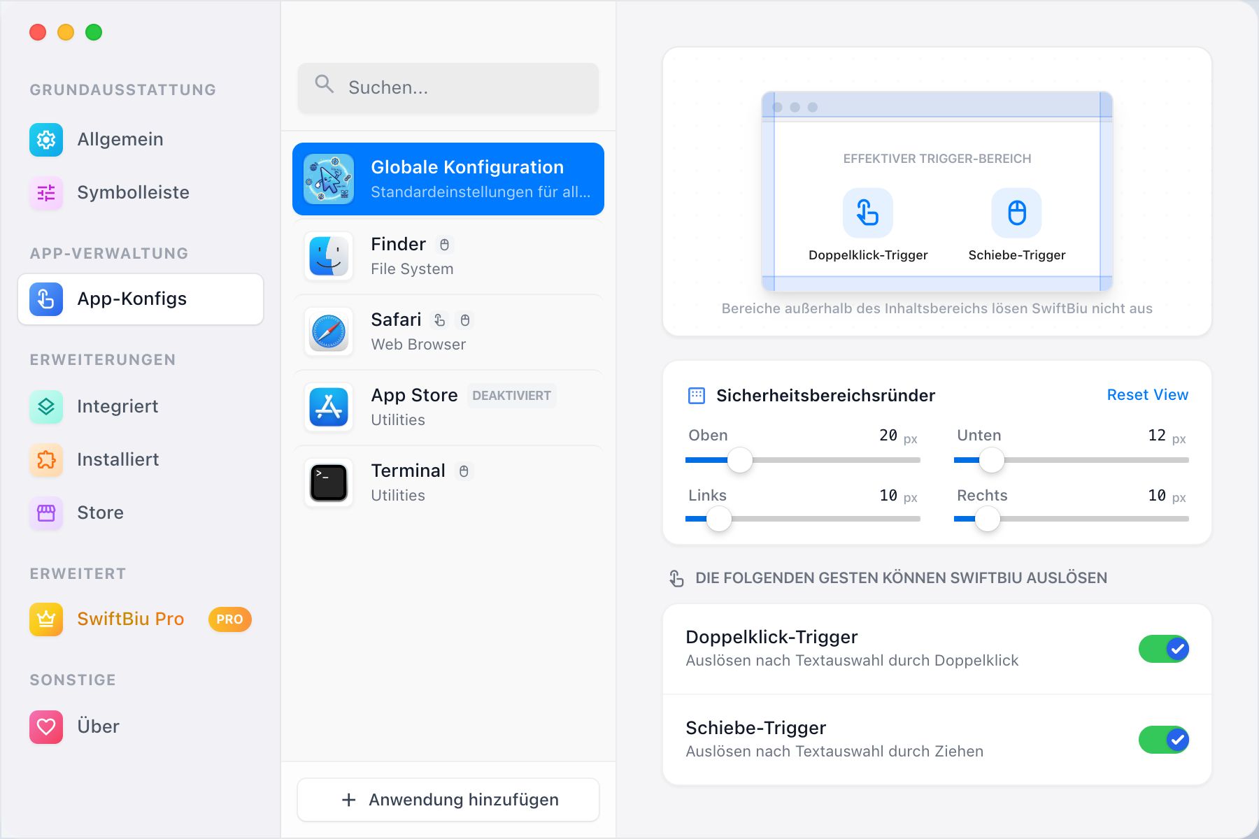 SwiftBiu per-app trigger configuration screen