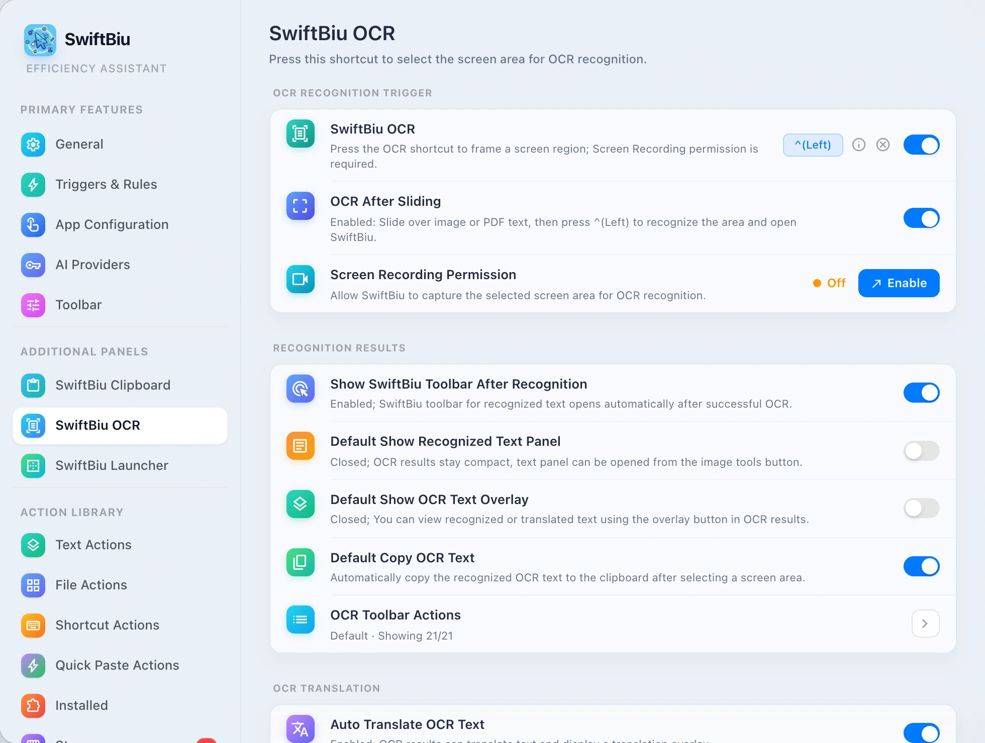 SwiftBiu OCR recognition settings on macOS