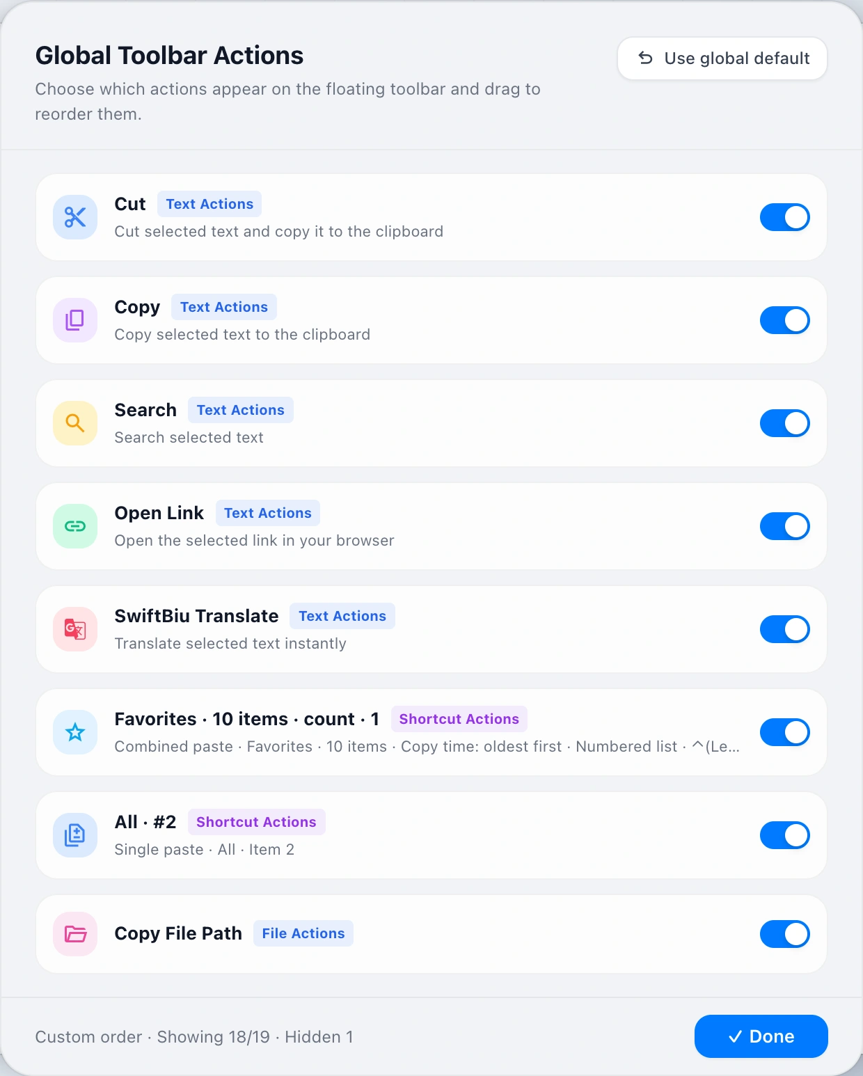 Global Toolbar Actions Modal