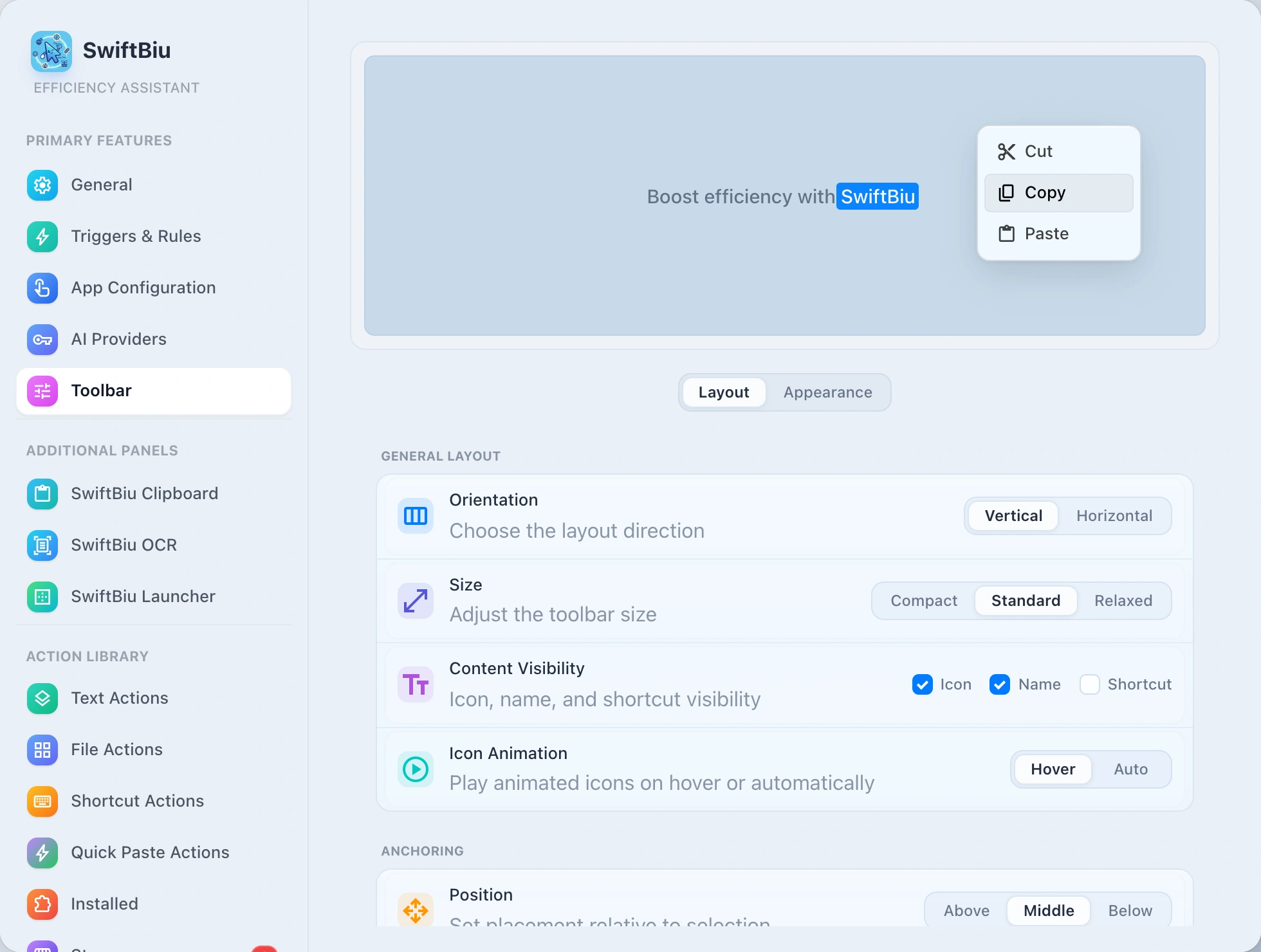 SwiftBiu selection toolbar customization on macOS as a PopClip alternative