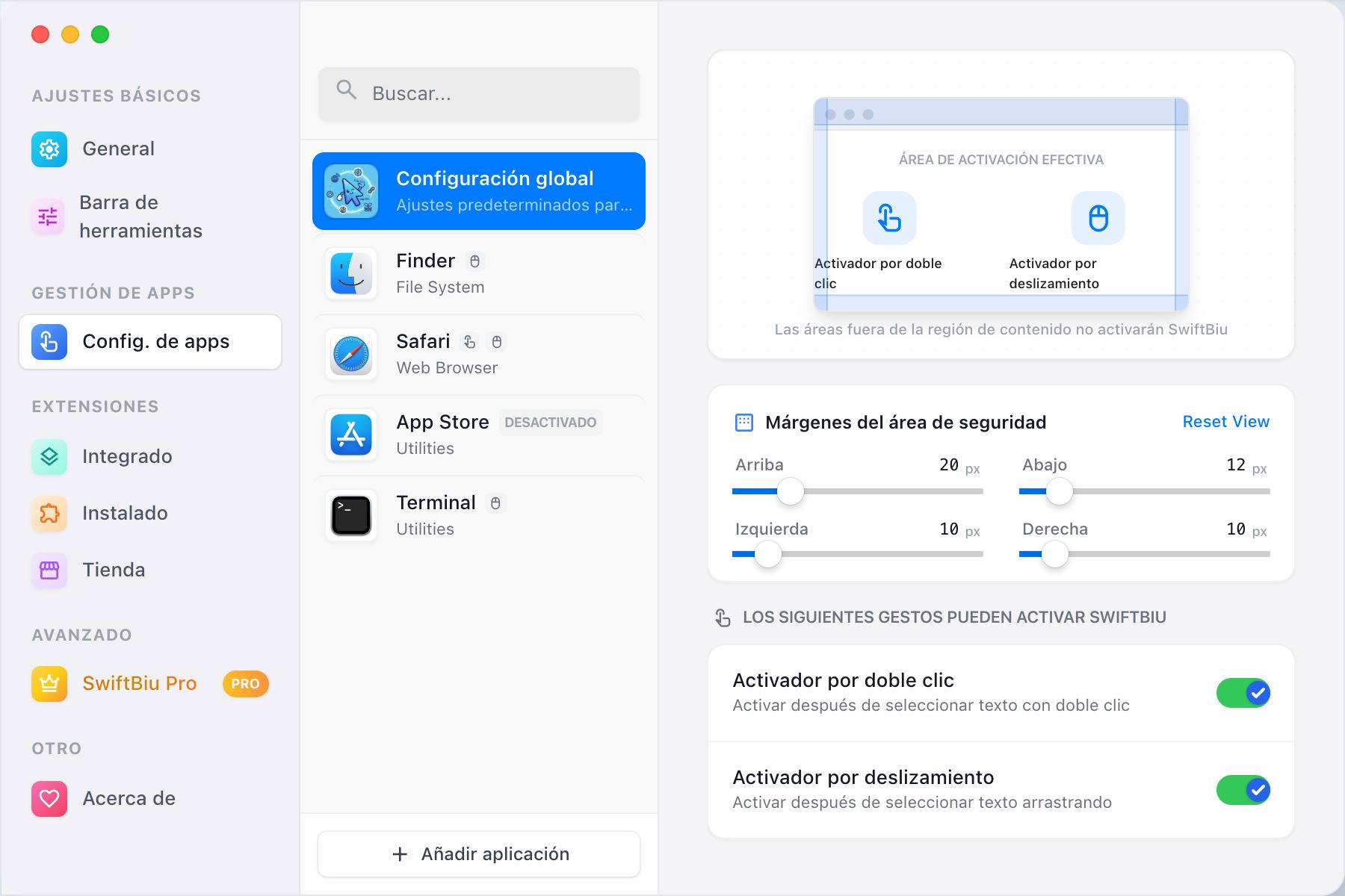 SwiftBiu per-app trigger configuration screen
