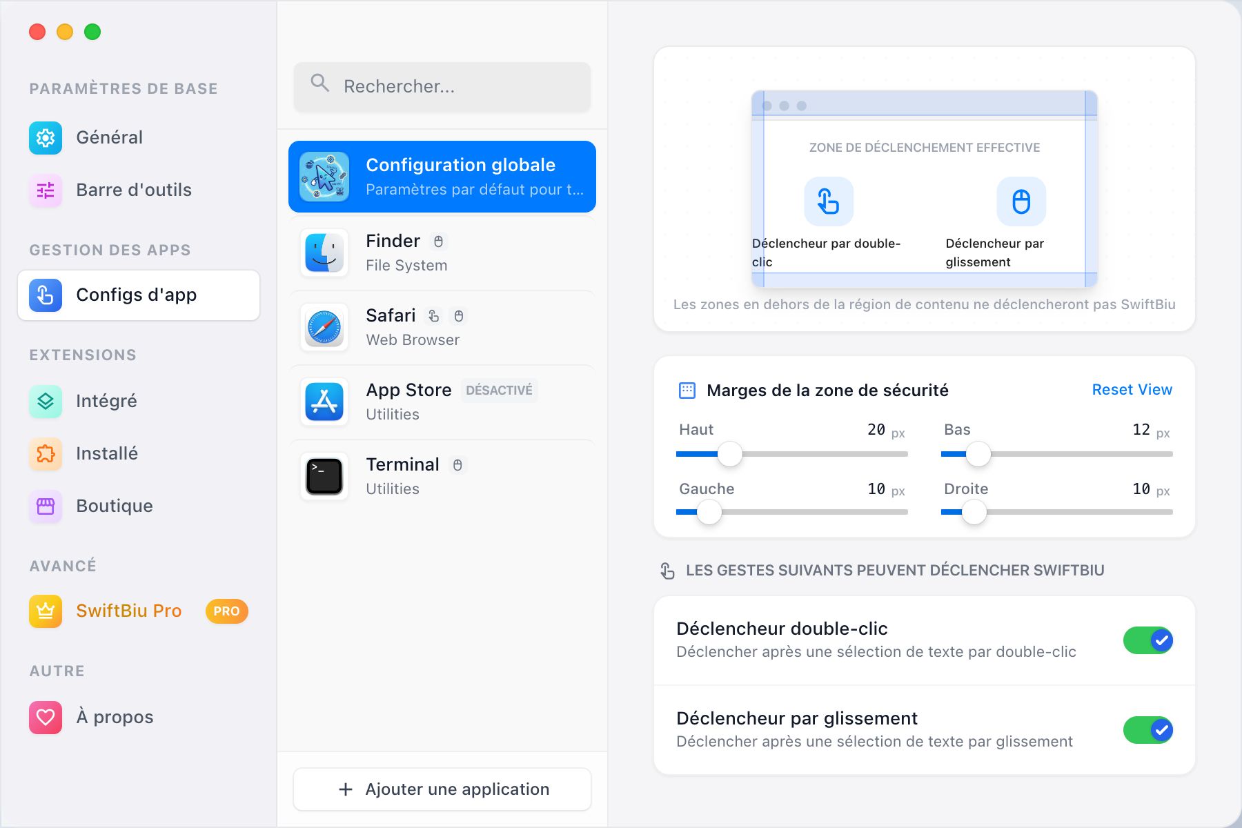 SwiftBiu per-app trigger configuration screen
