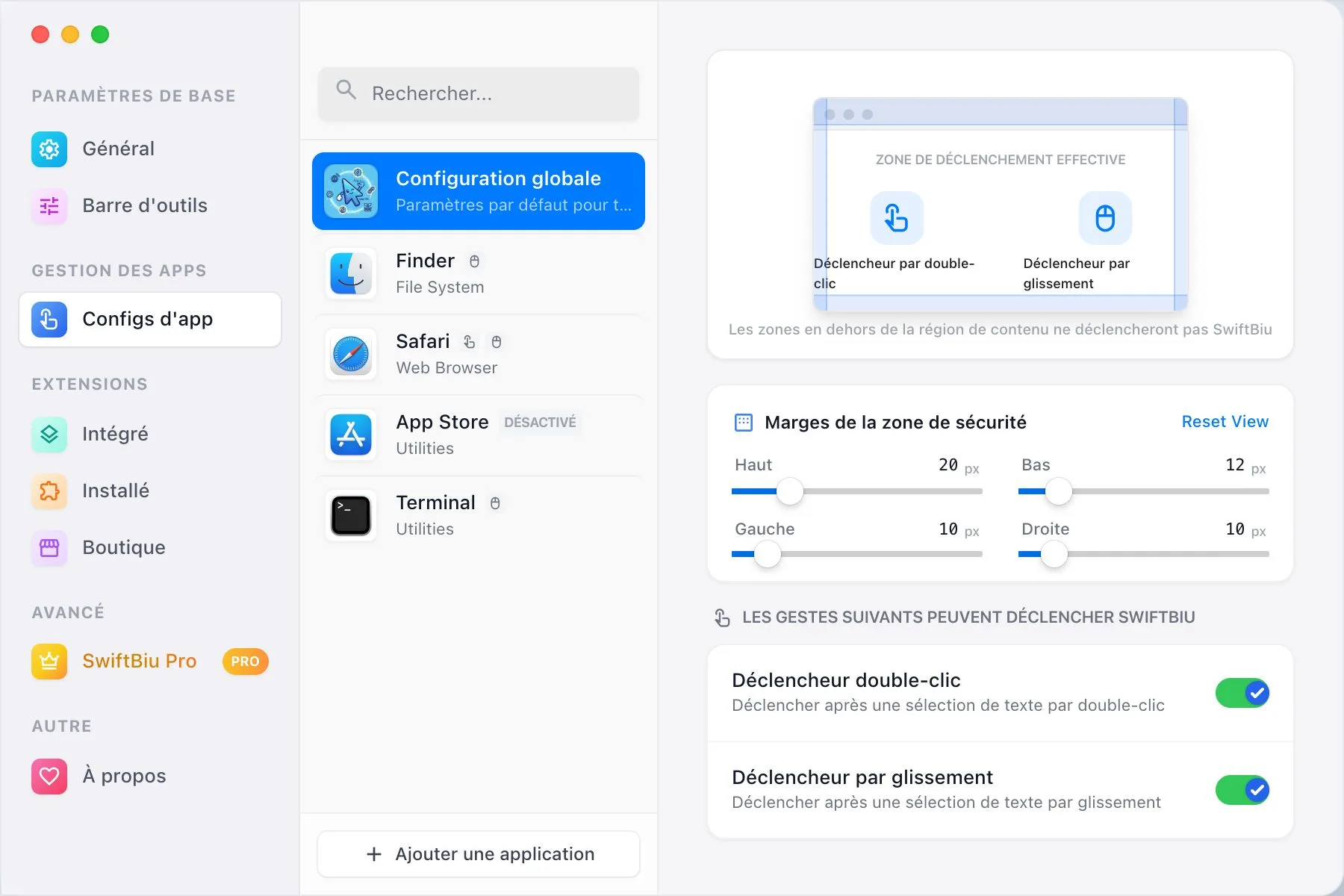 Écran de configuration des déclencheurs par app SwiftBiu