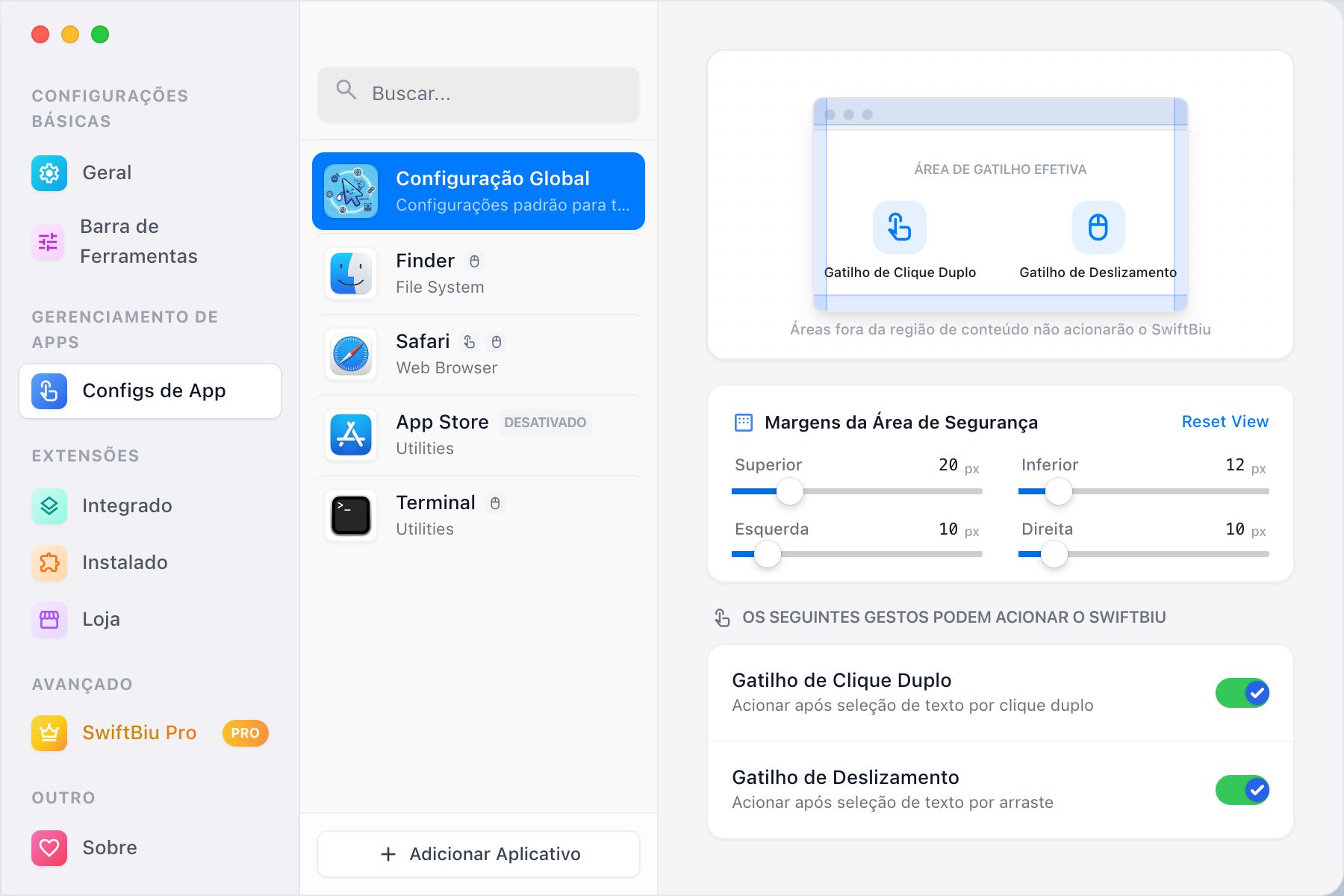 SwiftBiu per-app trigger configuration screen