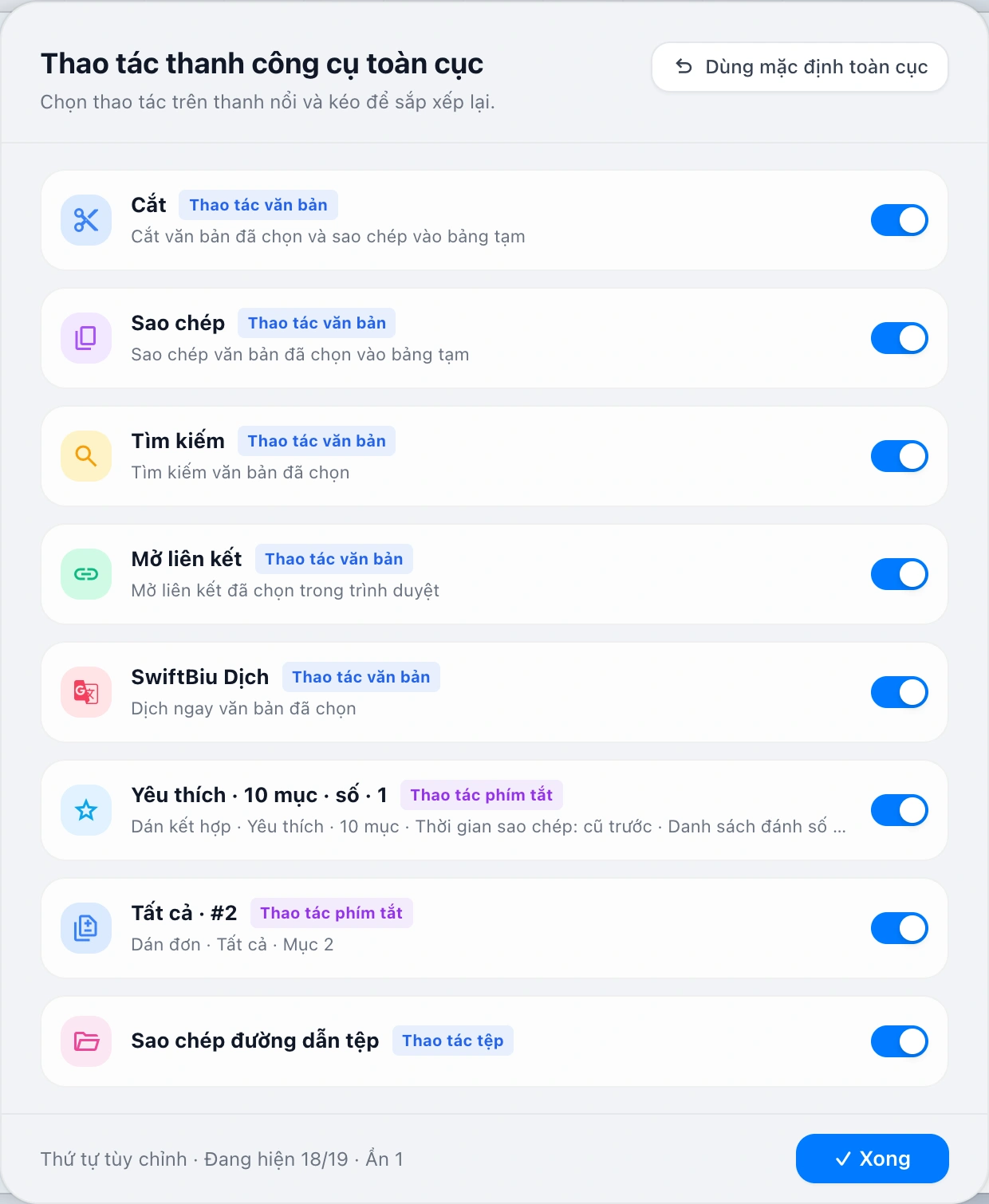 Global Toolbar Actions Modal